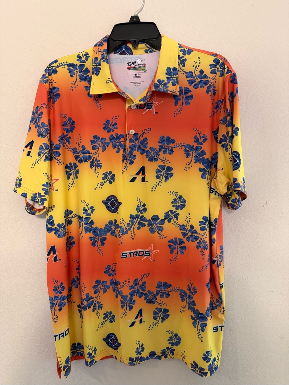 Houston Astros Reyn Spooner  Yellow & Orange Gr Hawaiian Polo with Blue Flowers